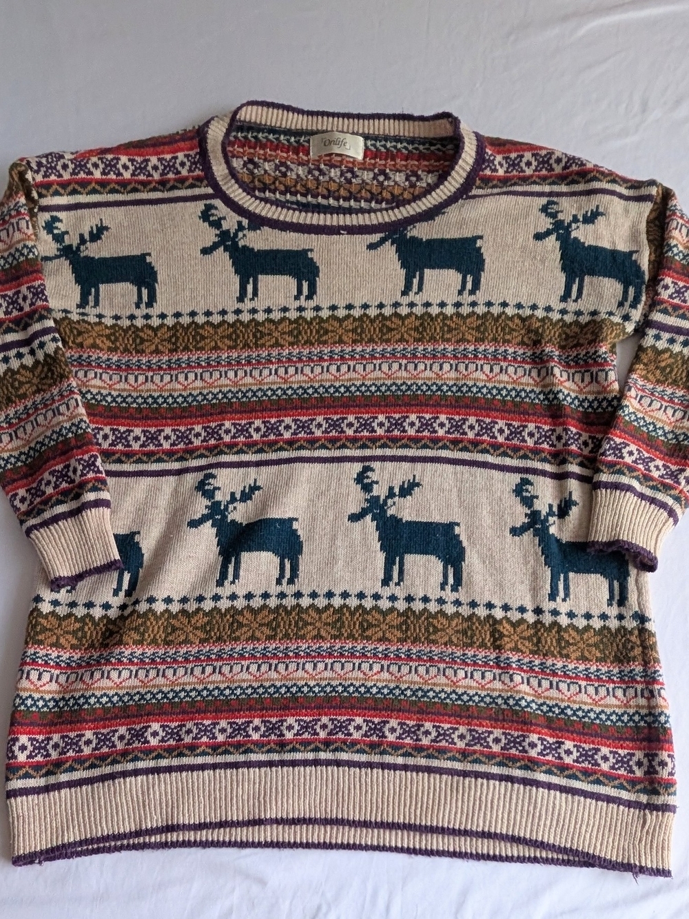 Vintage-Inspired Cream Reindeer Fair Isle Sweater Lg